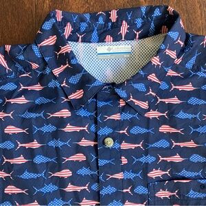 Columbia PFG Mens Medium Blue American Flag Short Sleeve Vented Fishing Shirt